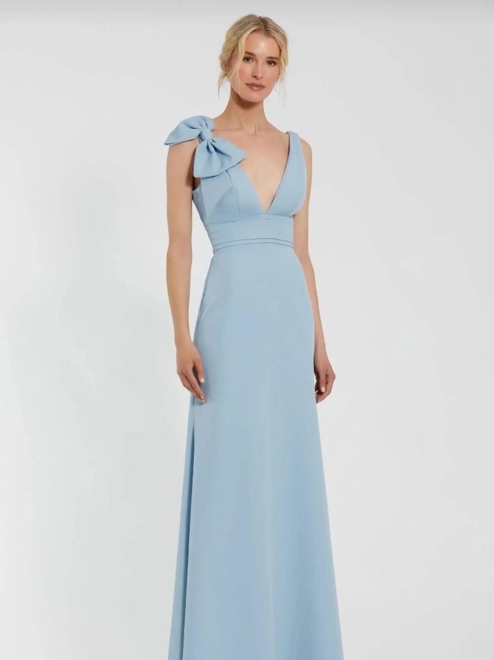 Mac Duggal Powder Blue V-Neck Bow Shoulder Maxi Dress